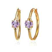 Rose Gold Flashed Sterling Silver Amethyst Solitaire 25mm Hoop Earrings