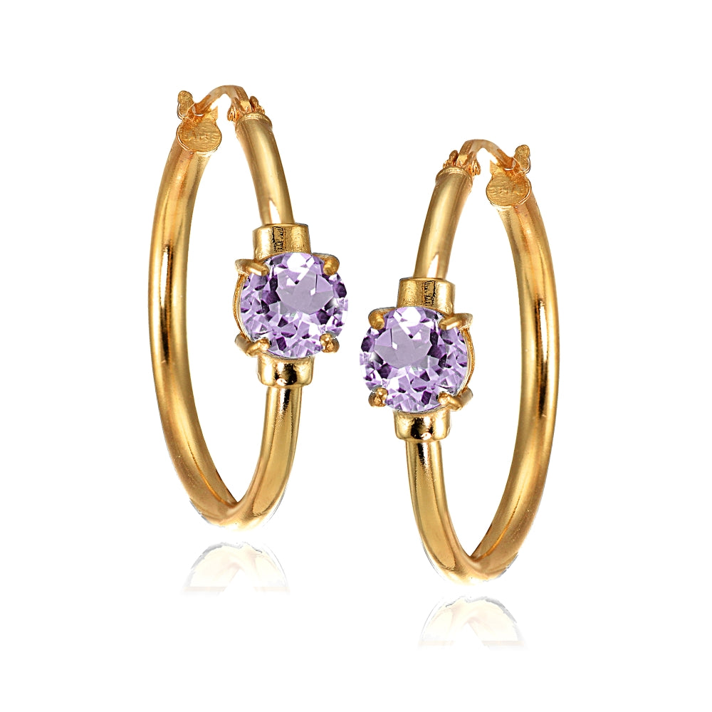 Rose Gold Flashed Sterling Silver Amethyst Solitaire 25mm Hoop Earrings-3