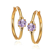 Rose Gold Flashed Sterling Silver Amethyst Solitaire 25mm Hoop Earrings