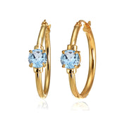 Rose Gold Flashed Sterling Silver Blue Topaz Solitaire 25mm Hoop Earrings