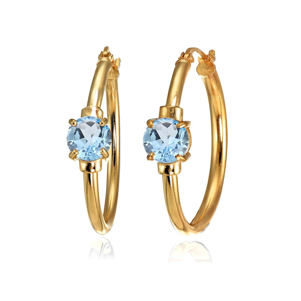 Rose Gold Flashed Sterling Silver Blue Topaz Solitaire 25mm Hoop Earrings