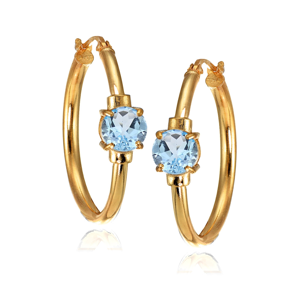 Rose Gold Flashed Sterling Silver Blue Topaz Solitaire 25mm Hoop Earrings-3