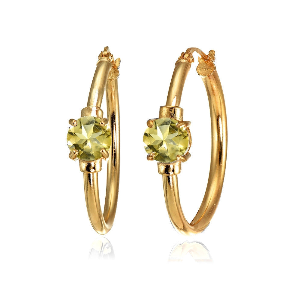 Rose Gold Flashed Sterling Silver Citrine Solitaire 25mm Hoop Earrings