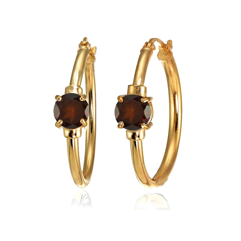 Rose Gold Flashed Sterling Silver Garnet Solitaire 25mm Hoop Earrings