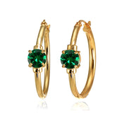 Rose Gold Flashed Sterling Silver Simulated Emerald Solitaire 25mm Hoop Earrings