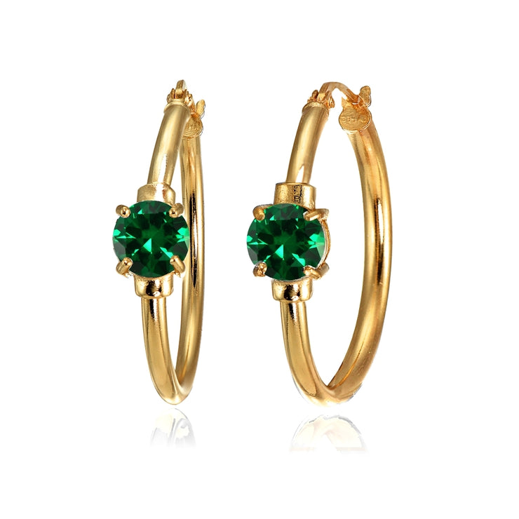 Rose Gold Flashed Sterling Silver Simulated Emerald Solitaire 25mm Hoop Earrings