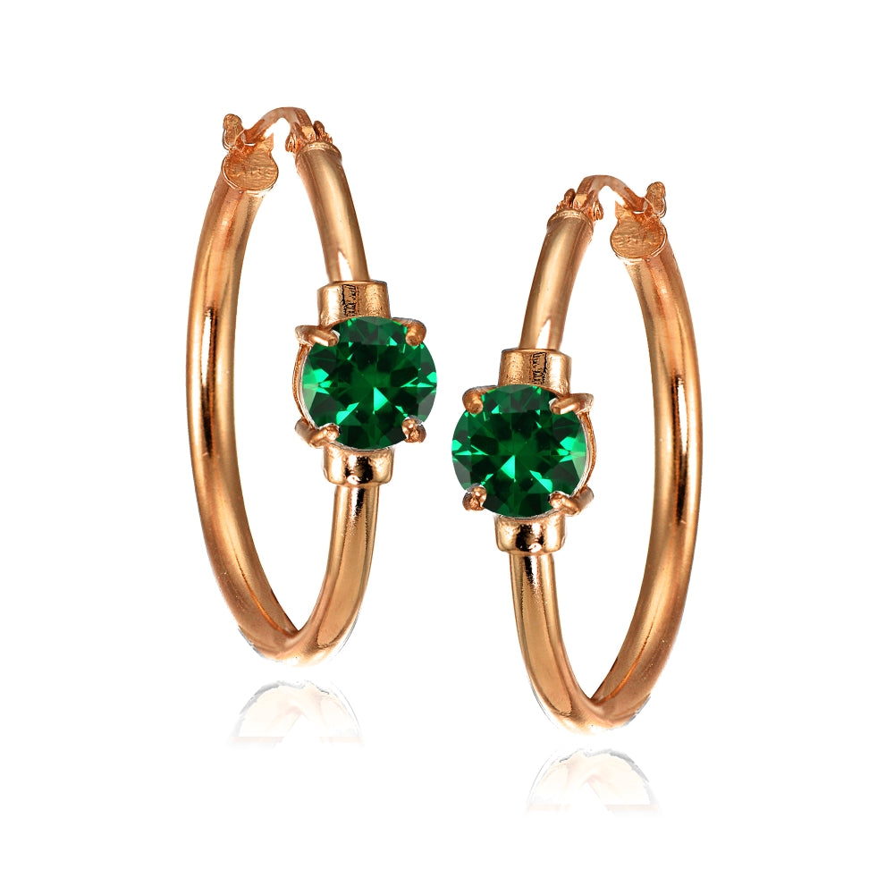 Rose Gold Flashed Sterling Silver Simulated Emerald Solitaire 25mm Hoop Earrings-3