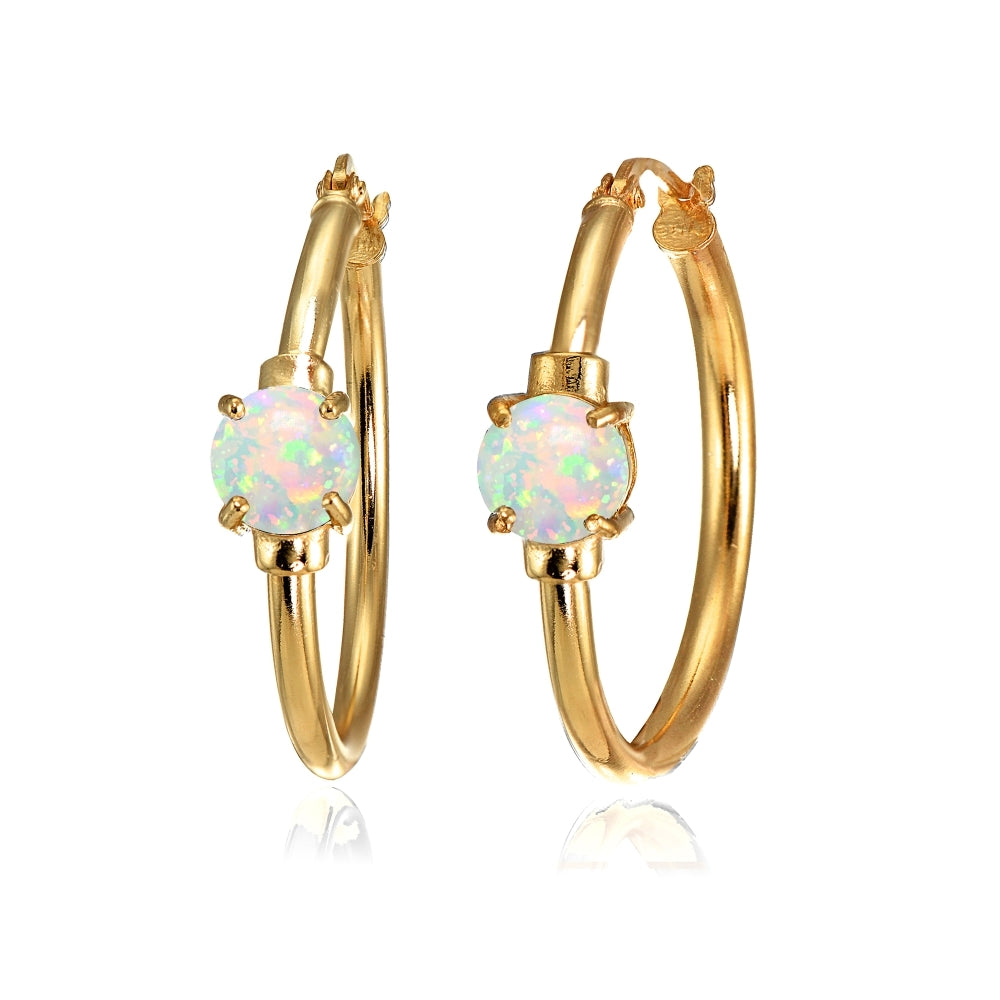 Rose Gold Flashed Sterling Silver Created White Opal Solitaire 25mm Hoop Earrings