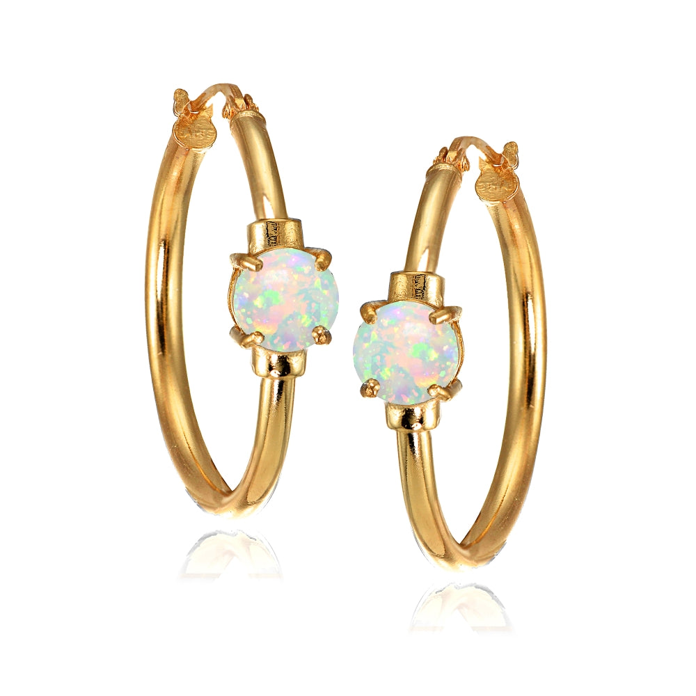 Rose Gold Flashed Sterling Silver Created White Opal Solitaire 25mm Hoop Earrings-3