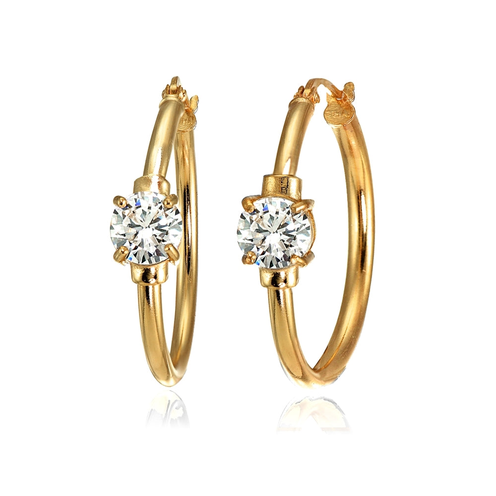 Rose Gold Flashed Sterling Silver Cubic Zirconia Solitaire 25mm Hoop Earrings