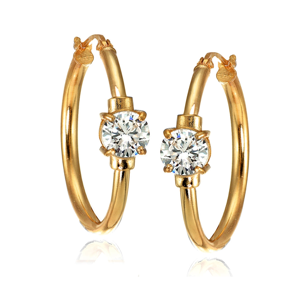 Rose Gold Flashed Sterling Silver Cubic Zirconia Solitaire 25mm Hoop Earrings-3
