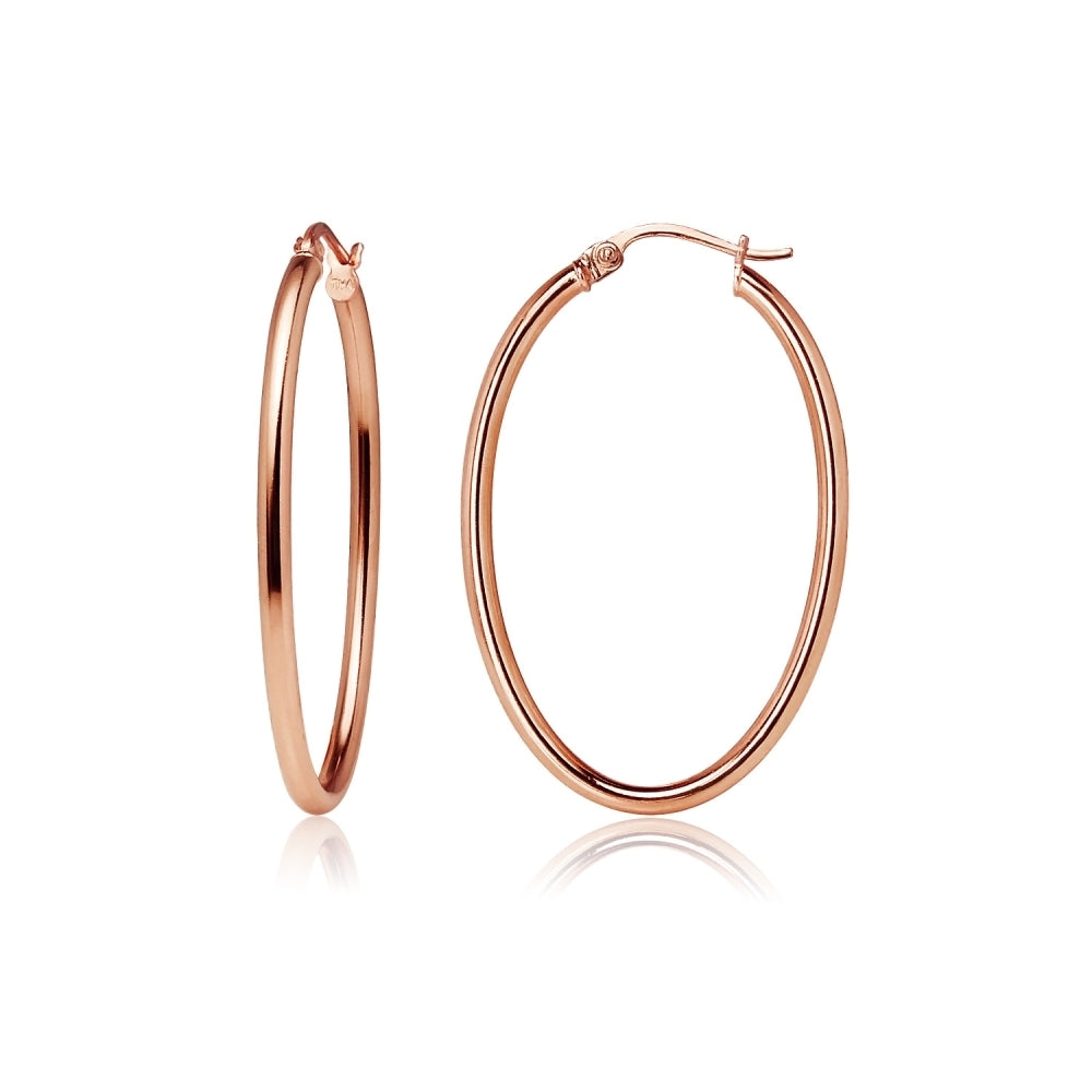Rose Gold Flashed Sterling Silver 2x35mm High Polished Oval Hoop Earrings-2