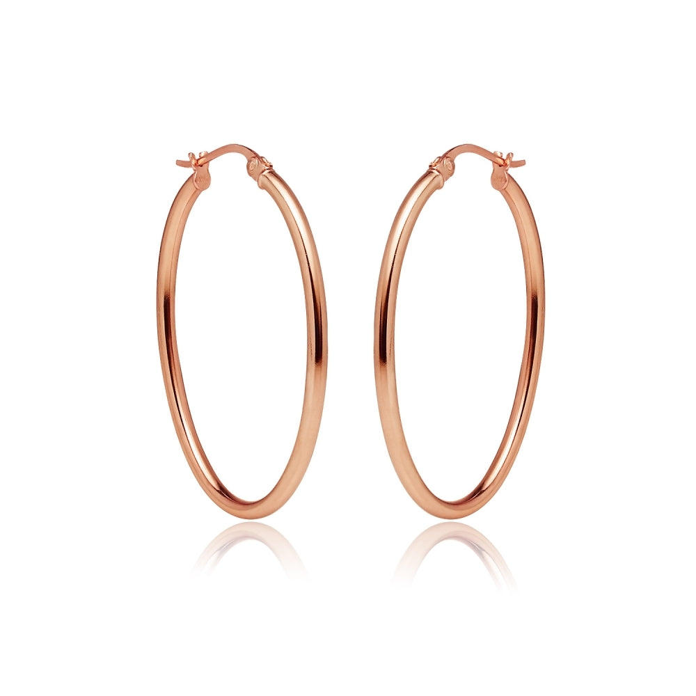 Rose Gold Flashed Sterling Silver 2x35mm High Polished Oval Hoop Earrings-4