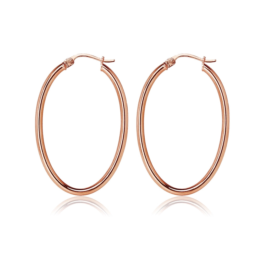 Rose Gold Flashed Sterling Silver 2x35mm High Polished Oval Hoop Earrings-6