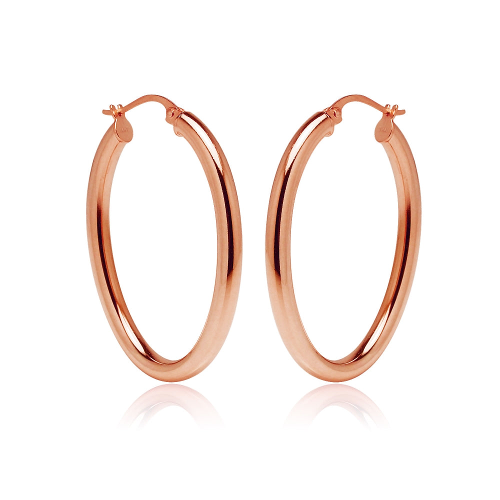 Rose Gold Flashed Sterling Silver 3x40mm High Polished Oval Hoop Earrings-2