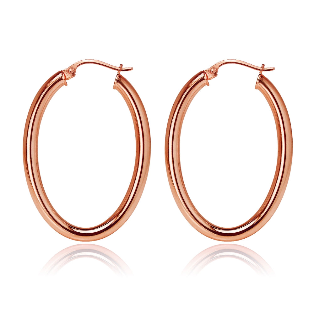 Rose Gold Flashed Sterling Silver 3x40mm High Polished Oval Hoop Earrings-3