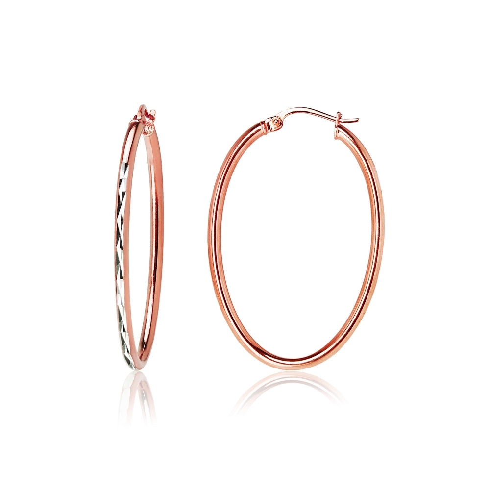 Rose Gold Flashed Sterling Silver Two Tone 2x35mm Diamond-Cut Oval Hoop Earrings