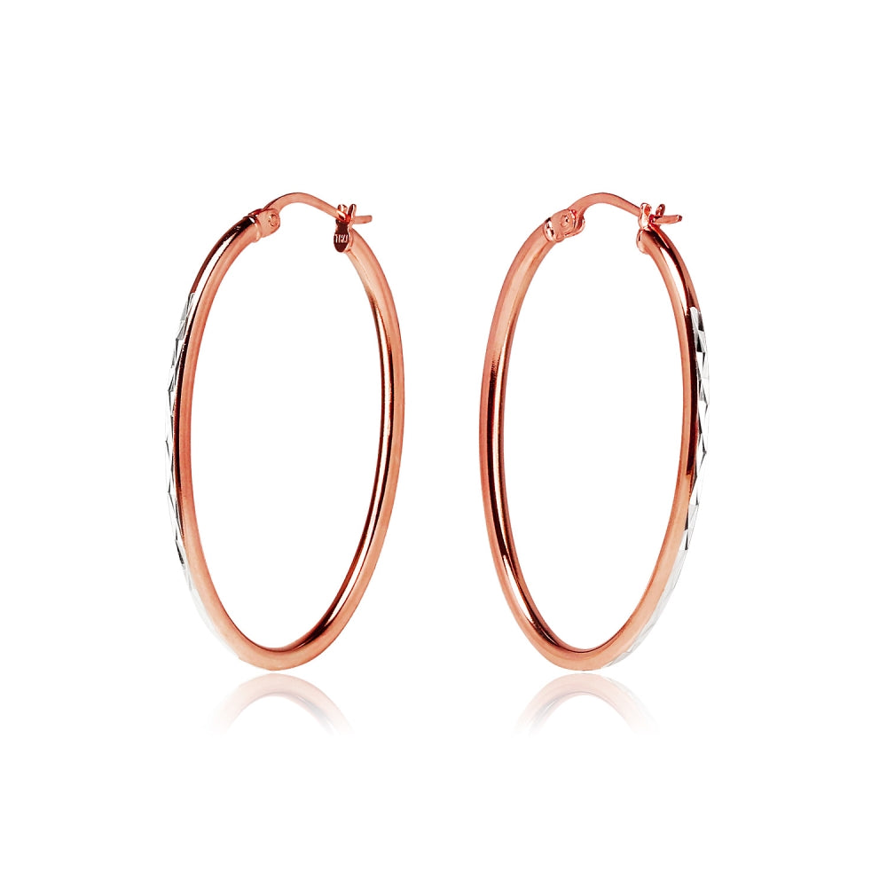 Rose Gold Flashed Sterling Silver Two Tone 2x35mm Diamond-Cut Oval Hoop Earrings-2
