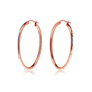 Rose Gold Flashed Sterling Silver Two Tone 2x35mm Diamond-Cut Oval Hoop Earrings