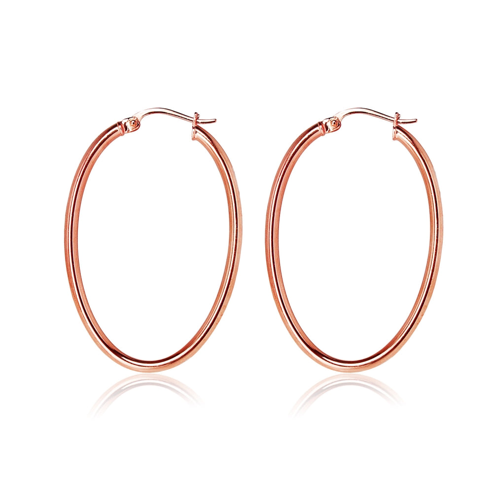 Rose Gold Flashed Sterling Silver Two Tone 2x35mm Diamond-Cut Oval Hoop Earrings-3