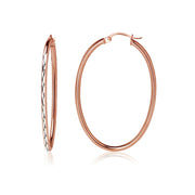 Rose Gold Flashed Sterling Silver Two Tone 2x40mm Diamond-Cut Oval Hoop Earrings