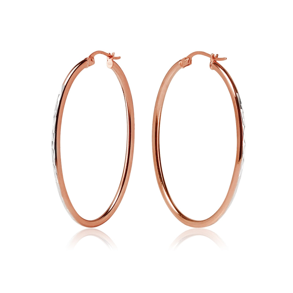 Rose Gold Flashed Sterling Silver Two Tone 2x40mm Diamond-Cut Oval Hoop Earrings-2