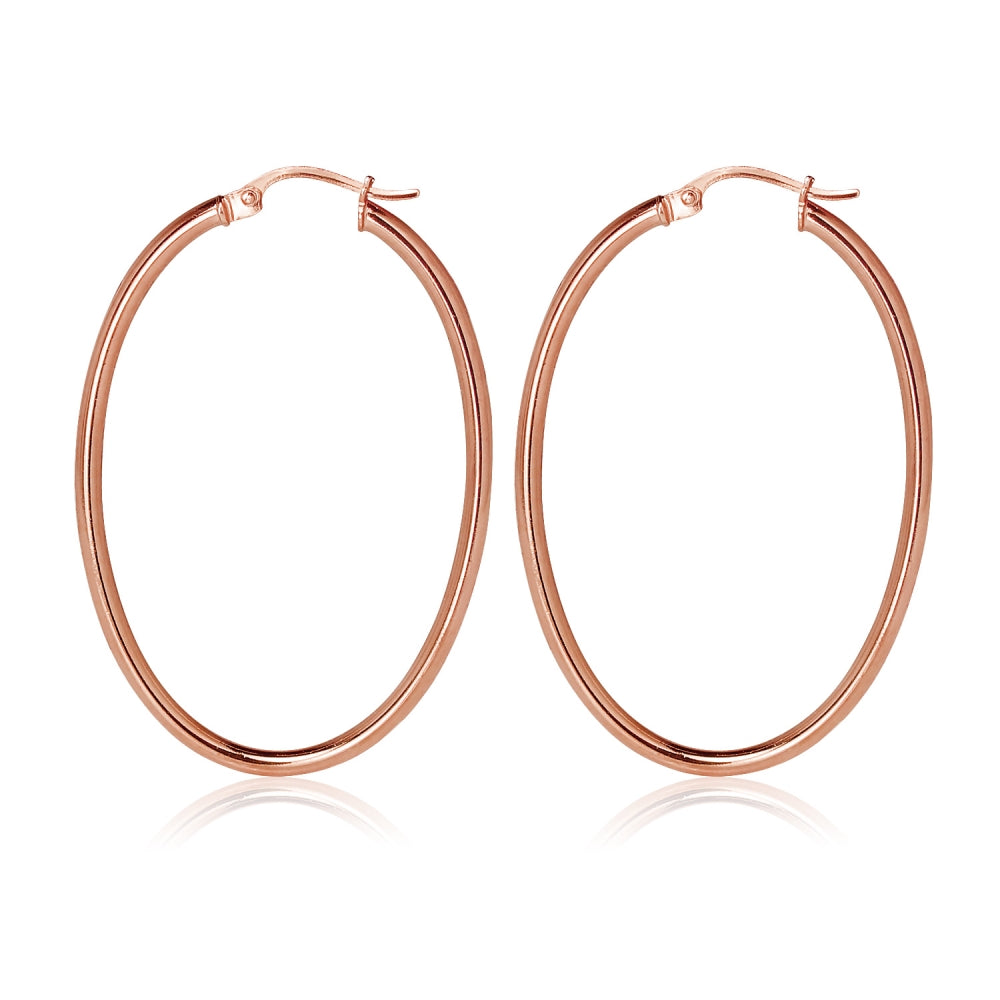 Rose Gold Flashed Sterling Silver Two Tone 2x40mm Diamond-Cut Oval Hoop Earrings-3