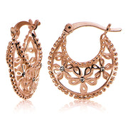 Rose Gold Flashed Sterling Silver Polished Filigree Flower Hoop Earrings with CZ Accents