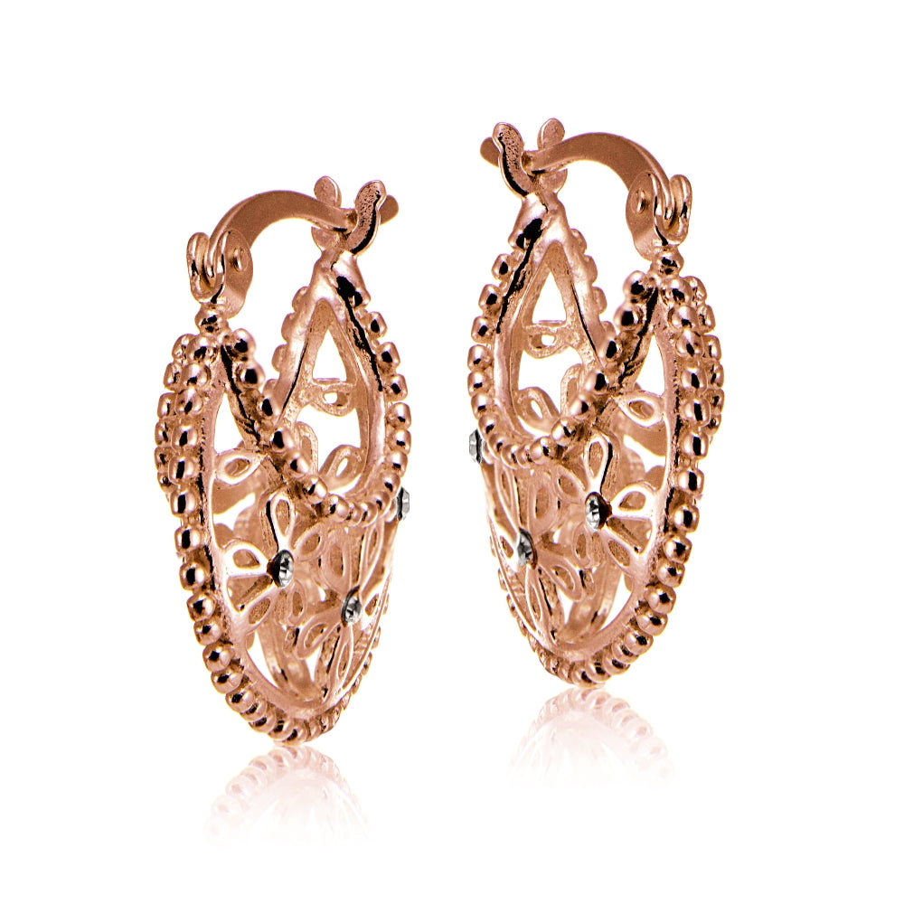 Rose Gold Flashed Sterling Silver Polished Filigree Flower Hoop Earrings with CZ Accents-2