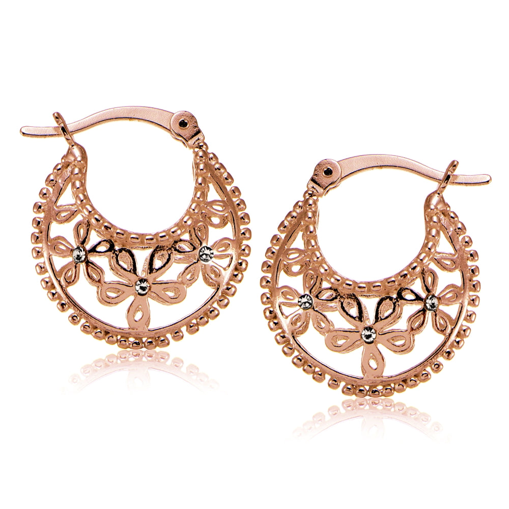 Rose Gold Flashed Sterling Silver Polished Filigree Flower Hoop Earrings with CZ Accents-3