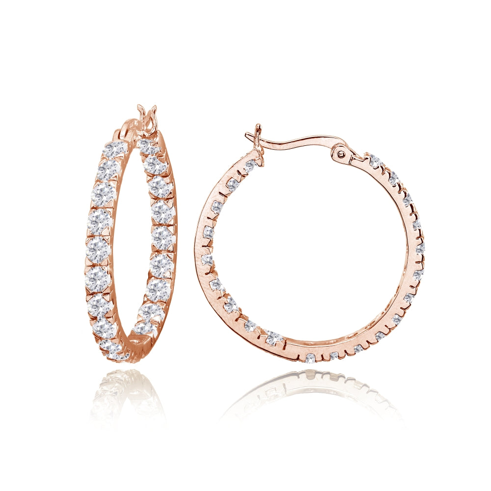Rose Gold Flashed Sterling Silver 3mm Cubic Zirconia Inside Out Round Hoop Earrings