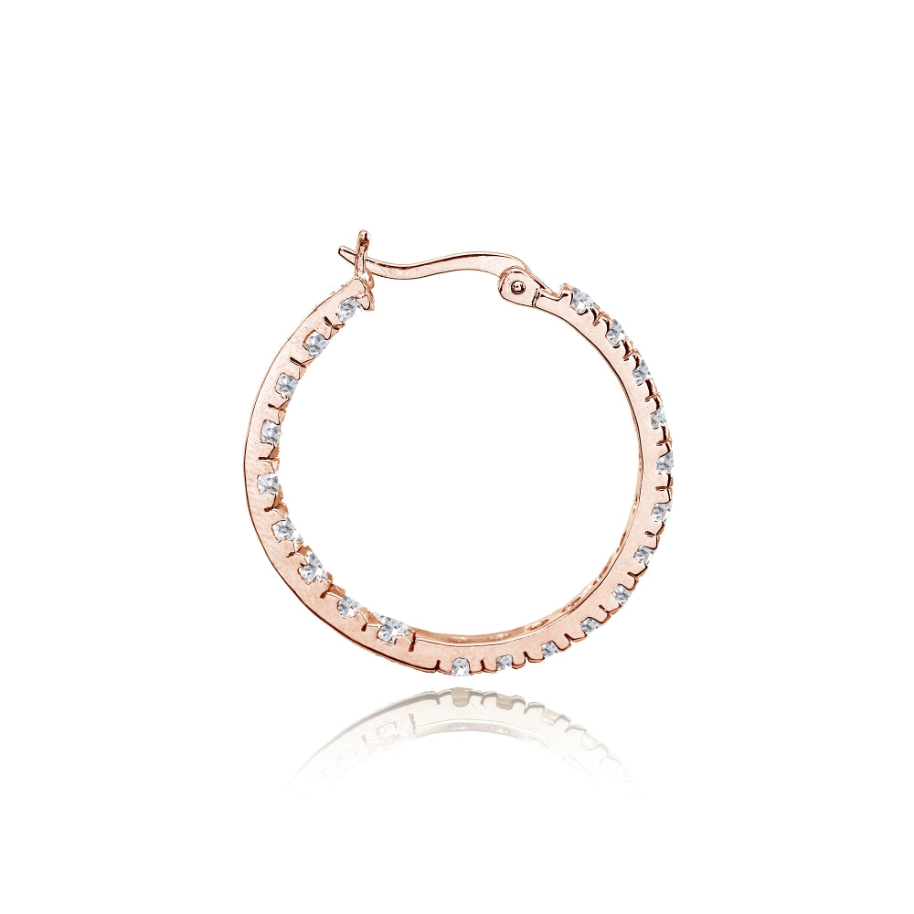Rose Gold Flashed Sterling Silver 3mm Cubic Zirconia Inside Out Round Hoop Earrings-2