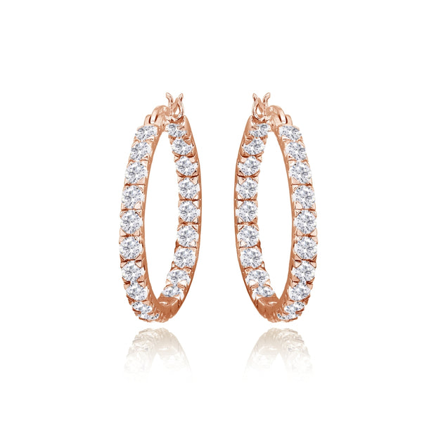 Rose Gold Flashed Sterling Silver 3mm Cubic Zirconia Inside Out Round Hoop Earrings