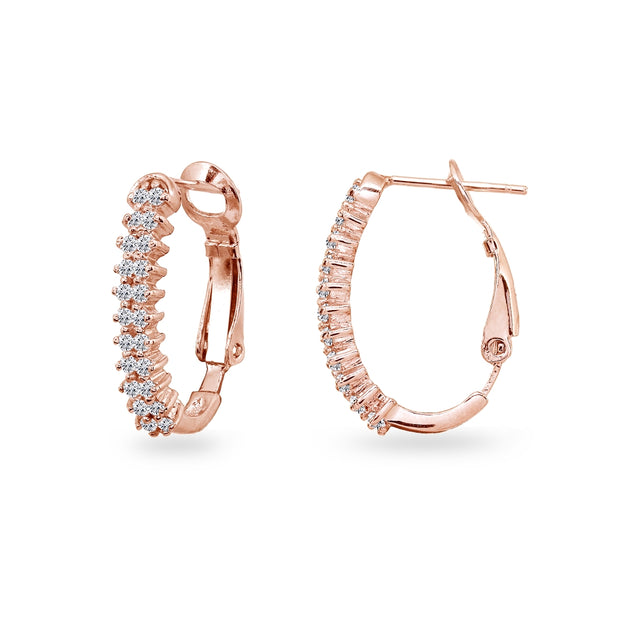Rose Gold Flashed Sterling Silver Round Cubic Zirconia Clutchless Oval J-Hoop Earrings