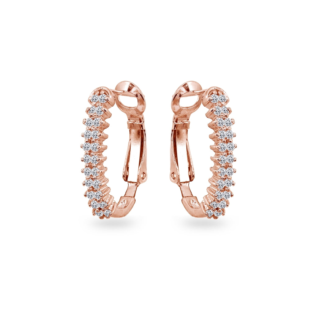 Rose Gold Flashed Sterling Silver Round Cubic Zirconia Clutchless Oval J-Hoop Earrings-2