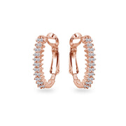 Rose Gold Flashed Sterling Silver Round Cubic Zirconia Clutchless Oval J-Hoop Earrings
