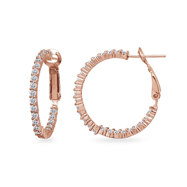 Rose Gold Flashed Sterling Silver Cubic Zirconia Round Dainty Inside-Out Clutchless Hoop Earrings
