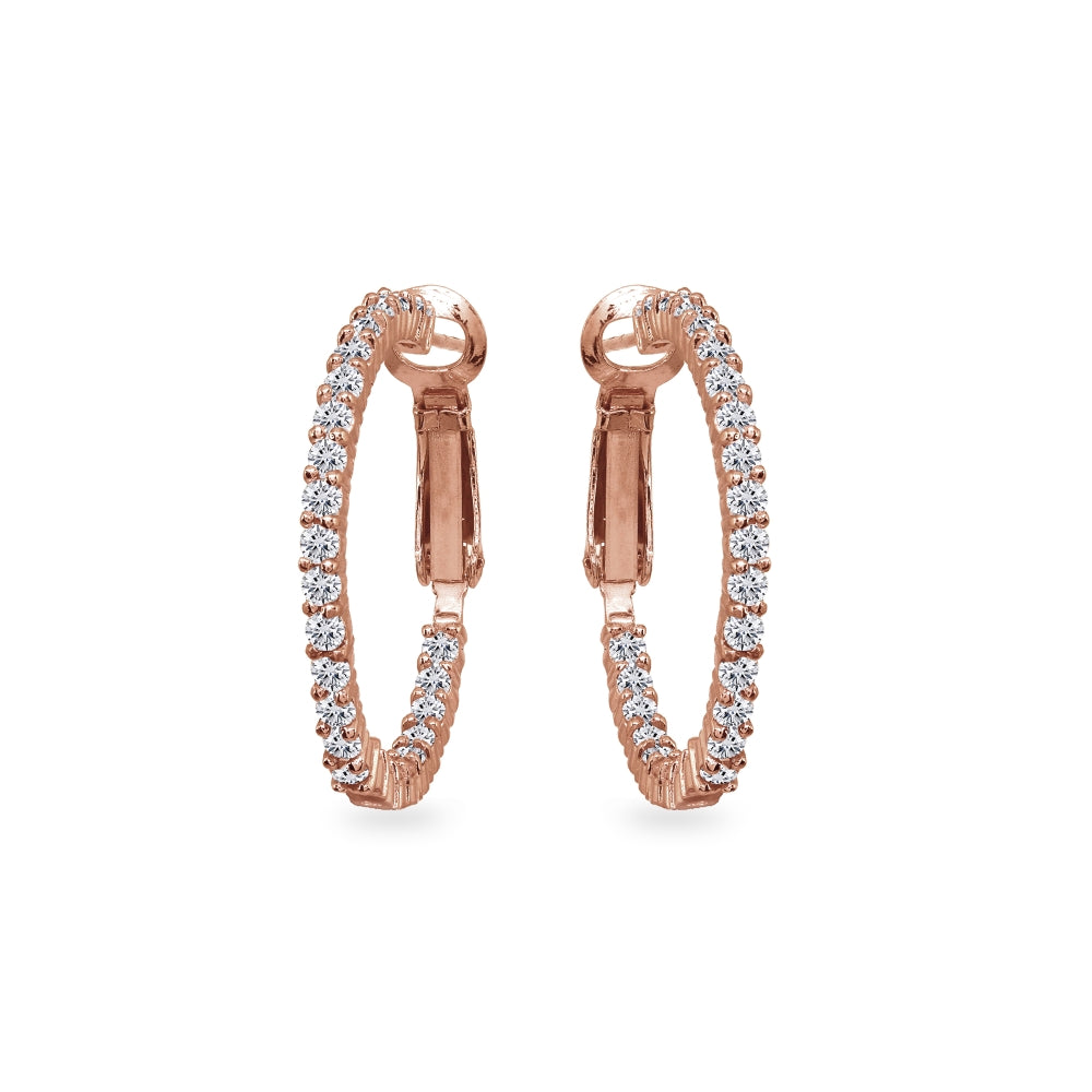 Rose Gold Flashed Sterling Silver Cubic Zirconia Round Dainty Inside-Out Clutchless Hoop Earrings-2
