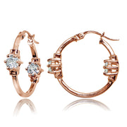 Rose Gold Flashed Sterling Silver Polished Cubic Zirconia Round Two Stone Hoop Earrings