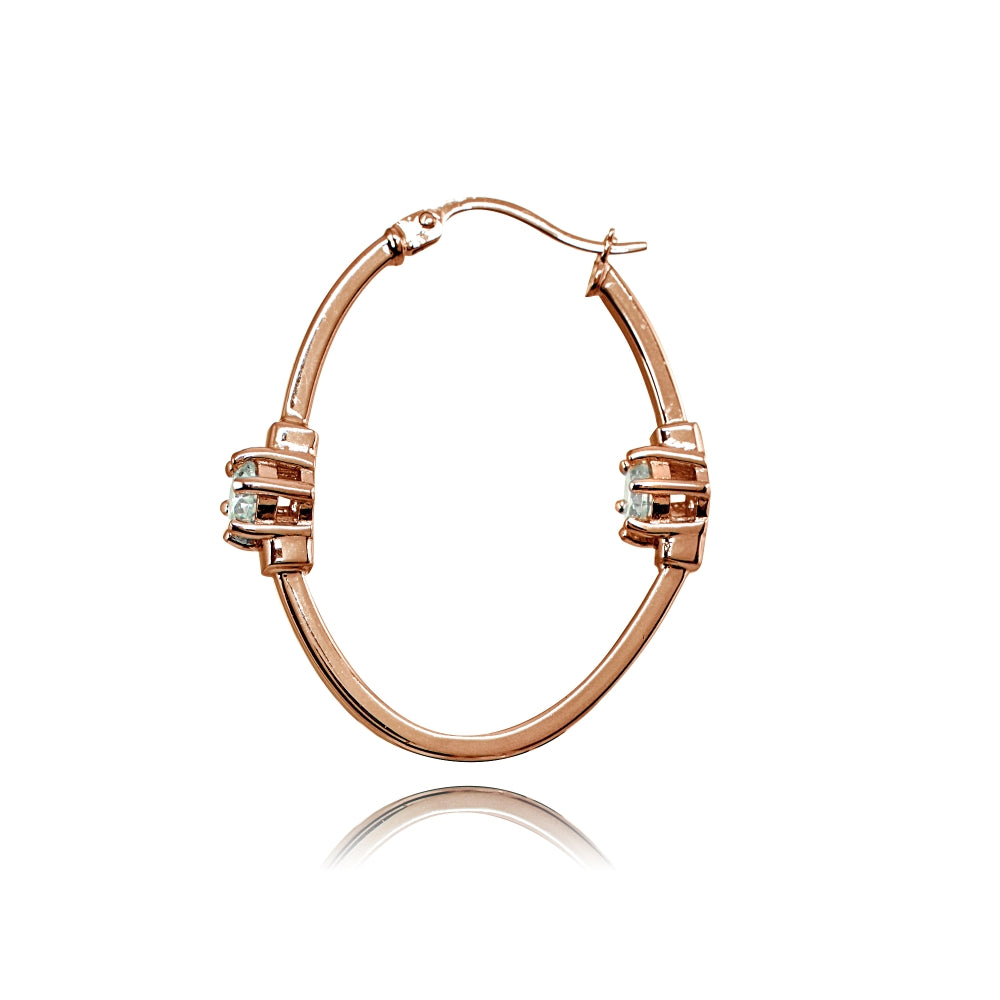 Rose Gold Flashed Sterling Silver Polished Cubic Zirconia Round Two Stone Oval Hoop Earrings-2