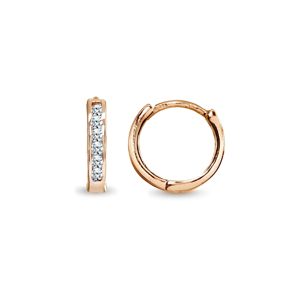 Rose Gold Flash Sterling Silver Tiny Small 13mm Channel-set Cubic Zirconia Round Huggie Hoop Earrings