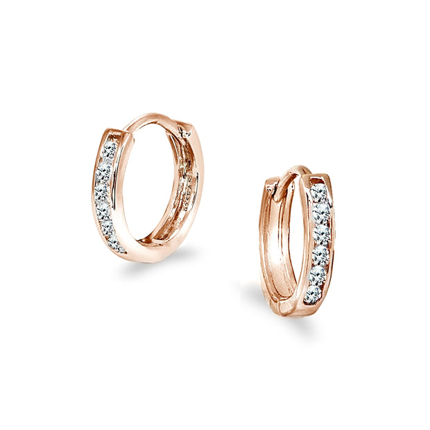 Rose Gold Flash Sterling Silver Tiny Small 13mm Channel-set Cubic Zirconia Round Huggie Hoop Earrings