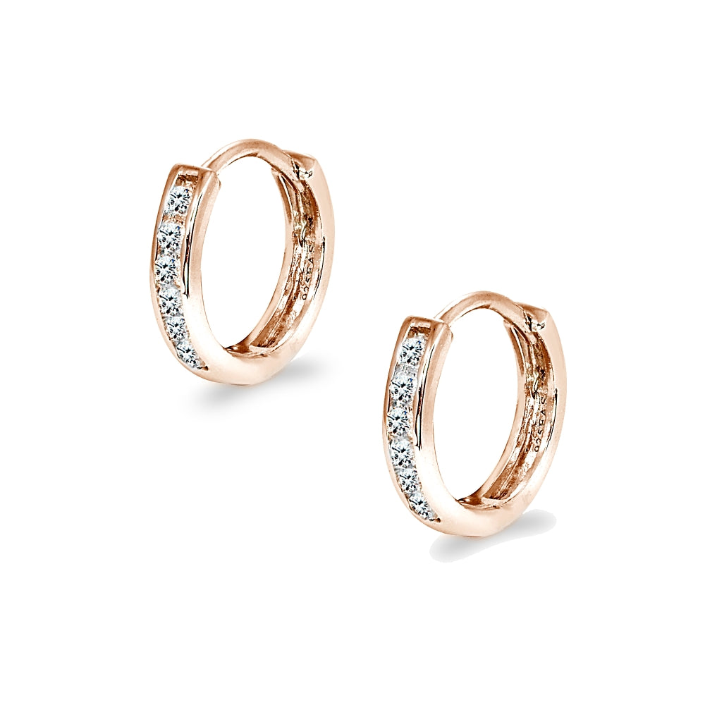 Rose Gold Flash Sterling Silver Tiny Small 13mm Channel-set Cubic Zirconia Round Huggie Hoop Earrings-3