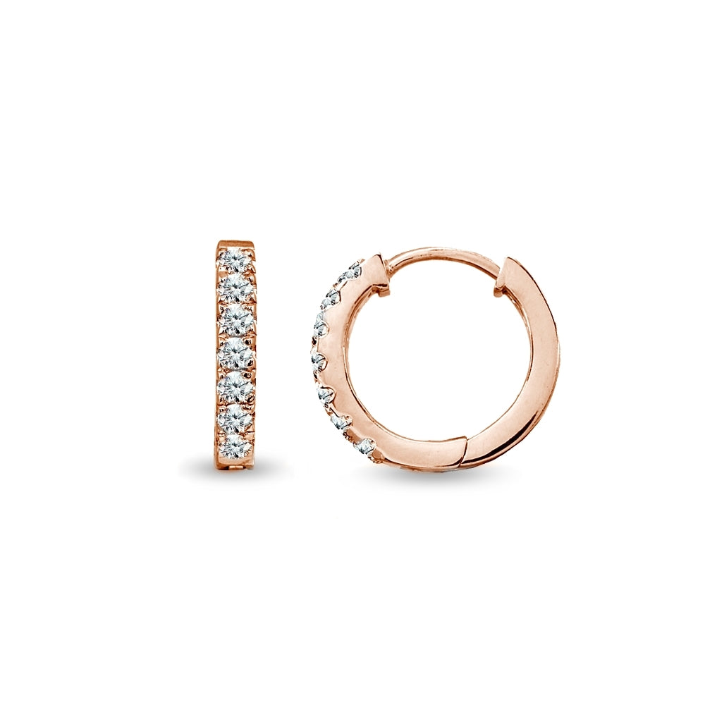 Rose Gold Flash Sterling Silver Tiny Small 15mm Prong-set Cubic Zirconia Round Huggie Hoop Earrings