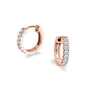 Rose Gold Flash Sterling Silver Tiny Small 15mm Prong-set Cubic Zirconia Round Huggie Hoop Earrings