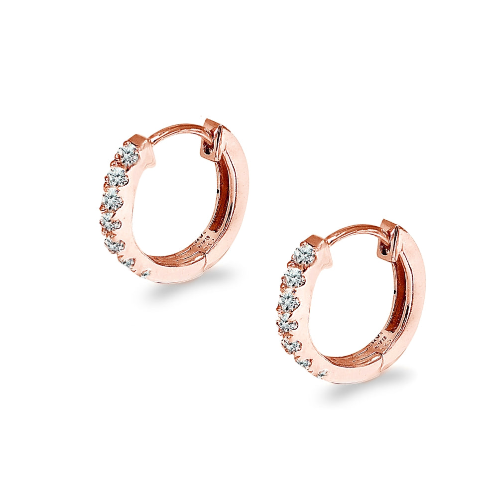 Rose Gold Flash Sterling Silver Tiny Small 15mm Prong-set Cubic Zirconia Round Huggie Hoop Earrings-3