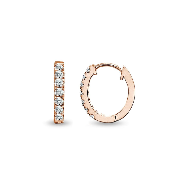 Rose Gold Flash Sterling Silver Tiny Small 15mm Prong-set Cubic Zirconia Oval Huggie Hoop Earrings