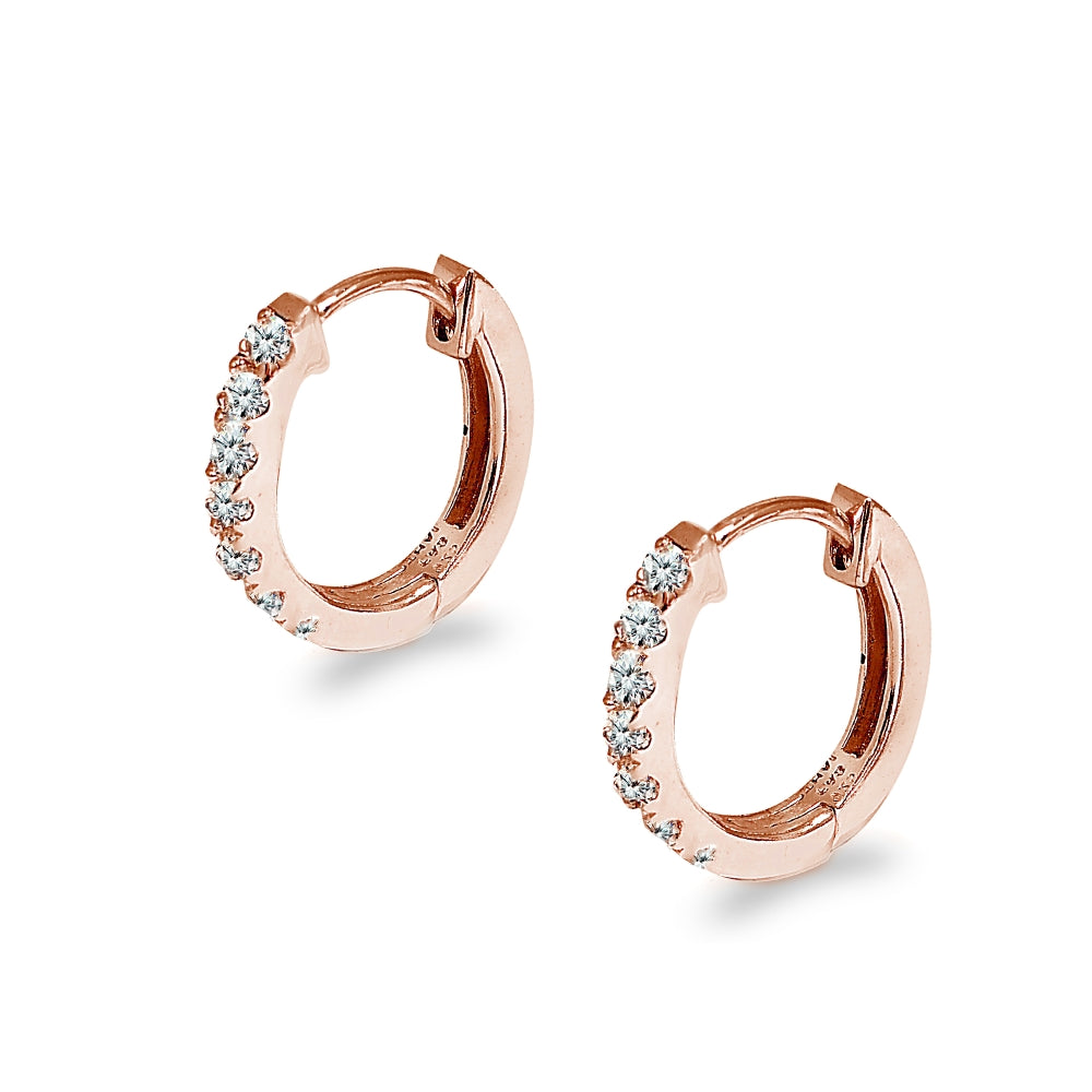 Rose Gold Flash Sterling Silver Tiny Small 15mm Prong-set Cubic Zirconia Oval Huggie Hoop Earrings-3