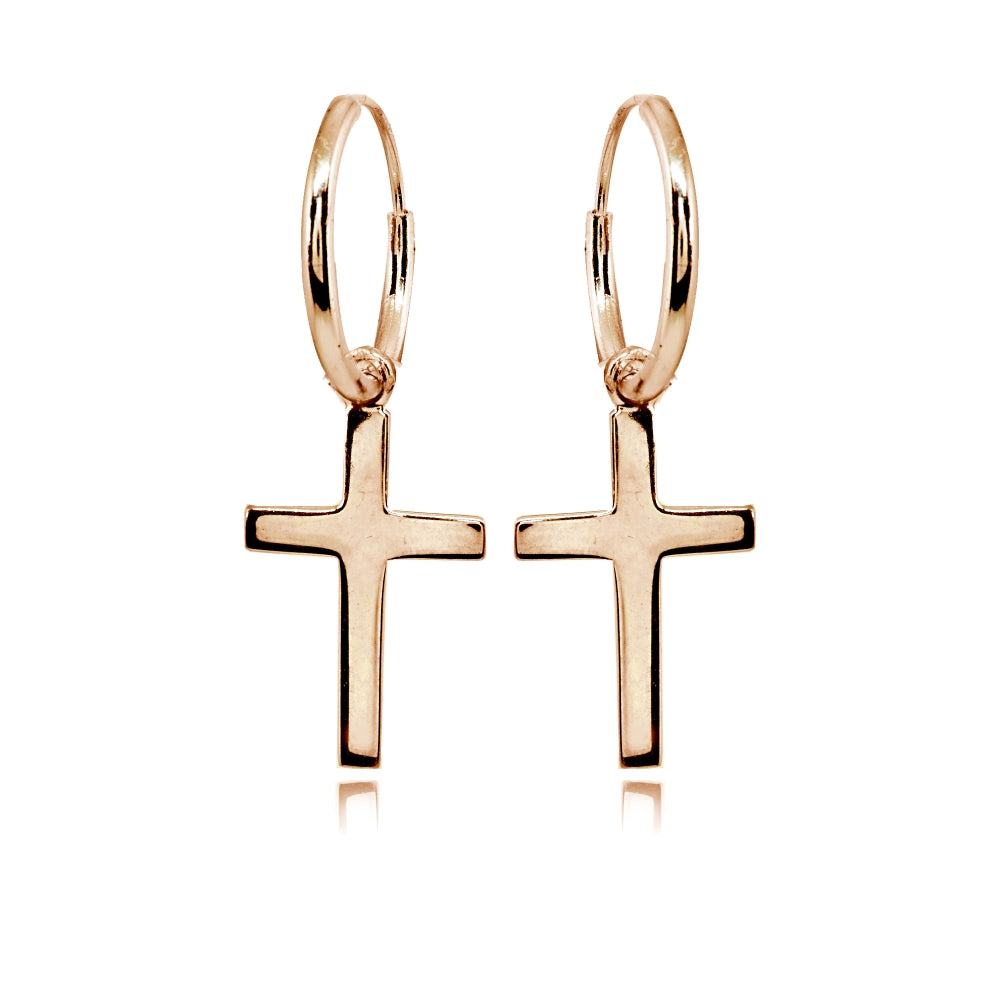 Rose Gold Flashed Sterling Silver Polished Cross Religious Dainty Endless Small Hoop Earrings
