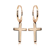 Rose Gold Flashed Sterling Silver Polished Cross Religious Dainty Endless Small Hoop Earrings